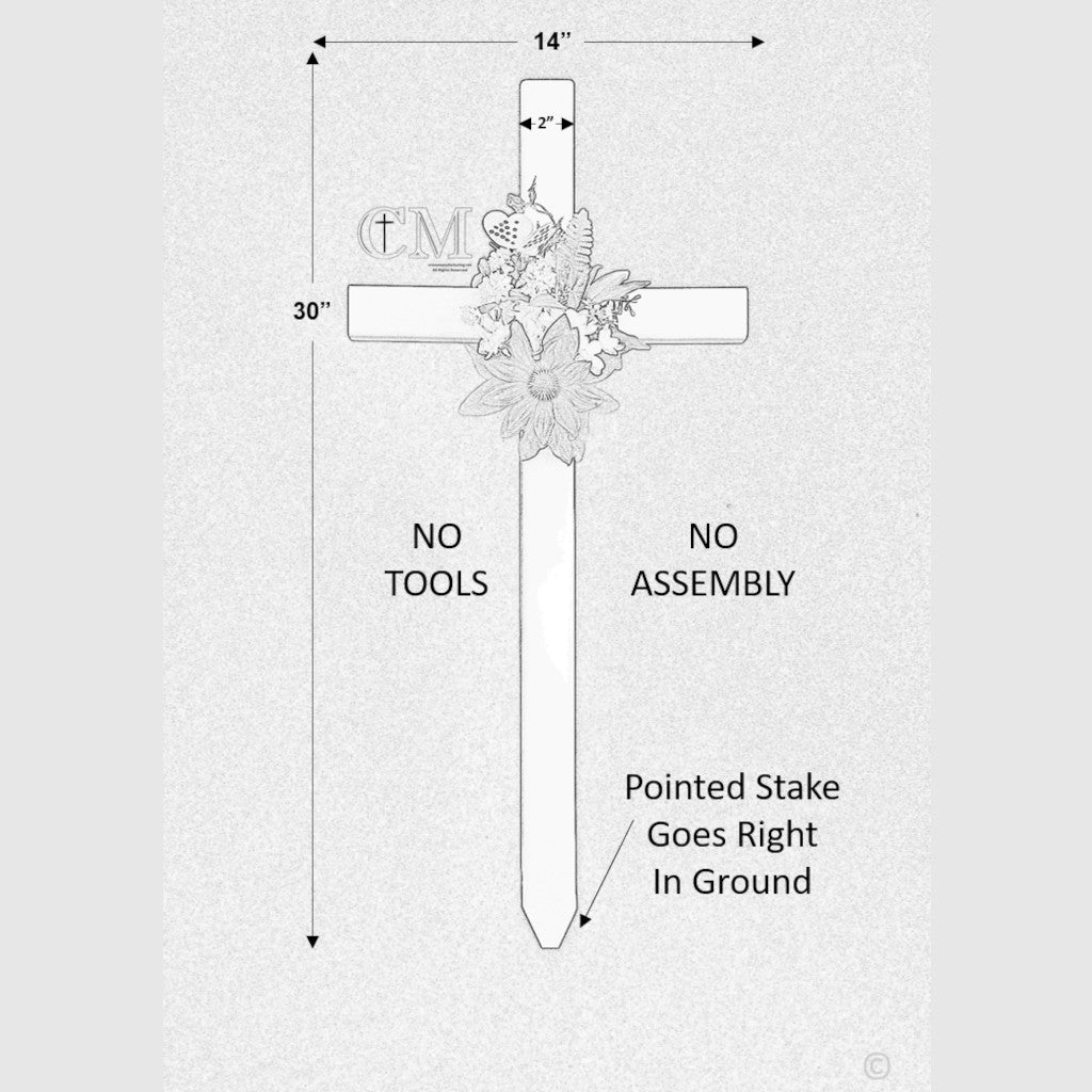 Black and White line drawing of Cross Manufacturing's 30 inch stake with floral decoration including dimensions and pointed stake goes right into ground, 'NO TOOLS', 'NO ASSEMBLY'