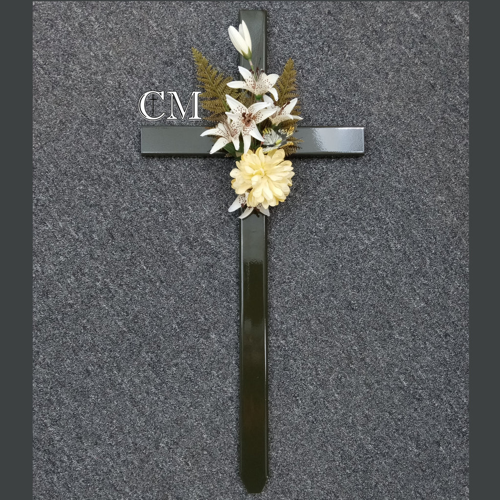 30 Inch STEEL Olive Cemetery Cross with Flowers - #724