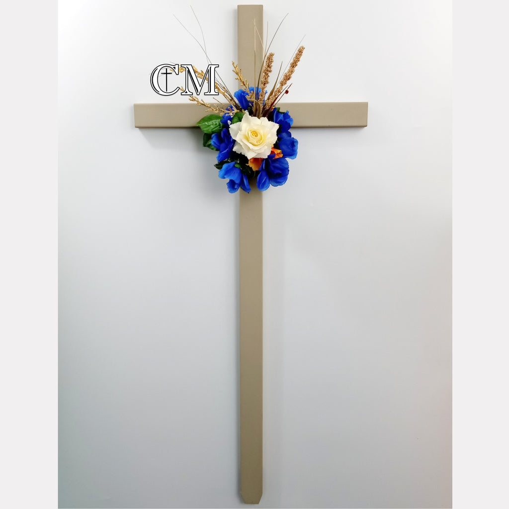 46 inch STEEL Tan Roadside Cross with Flowers Display Model, cross #692