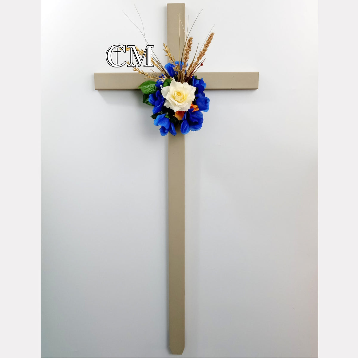 46 inch STEEL Tan Roadside Cross with Flowers Display Model, cross #692