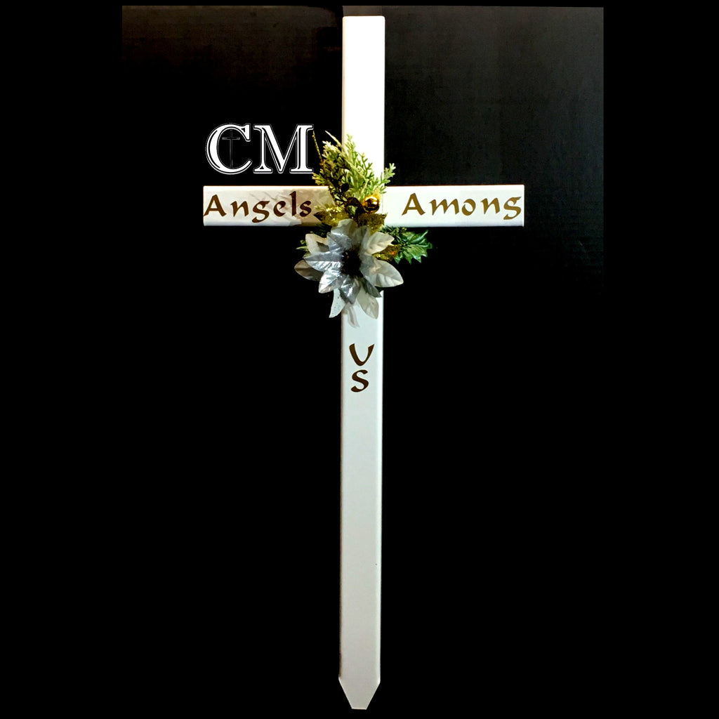 STEEL White Grave Cross personalized with Angels Among Us in gold lettering with artificial floral