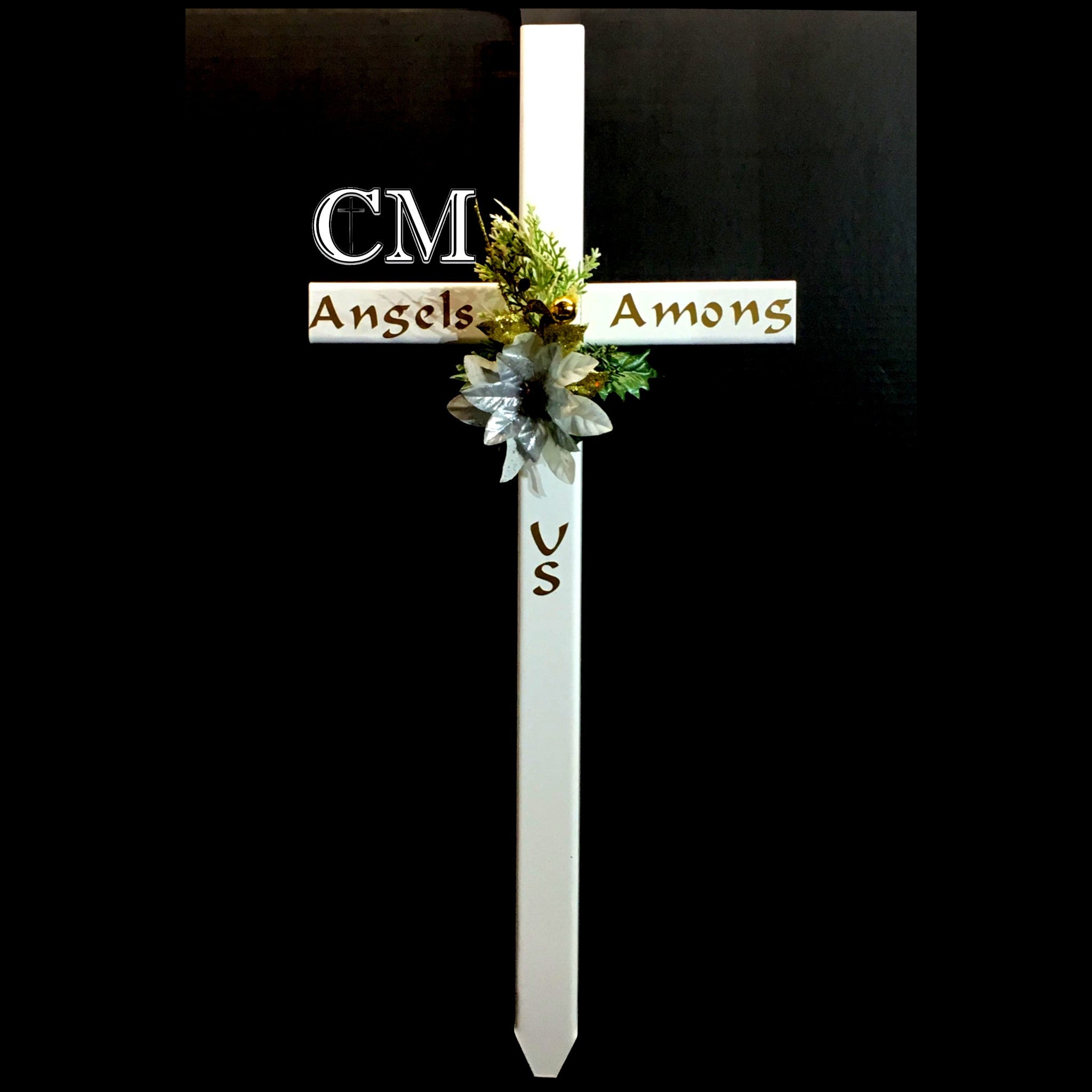 STEEL White Grave Cross personalized with Angels Among Us in gold lettering with artificial floral