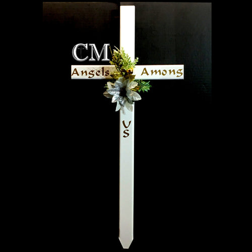 STEEL White Grave Cross personalized with Angels Among Us in gold lettering with artificial floral