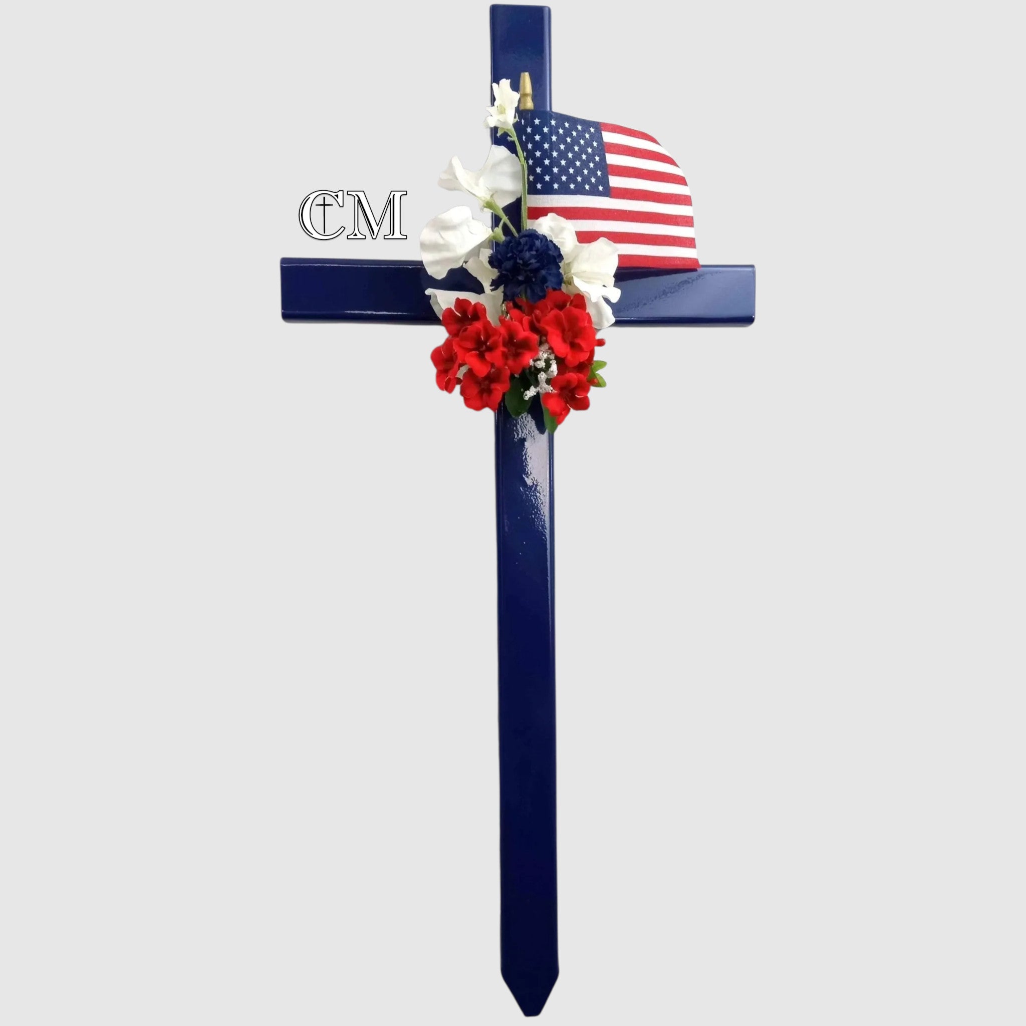 30 Inch STEEL Blue Memorial Cross with Flowers - Cemetery & Grave Site Cross #643