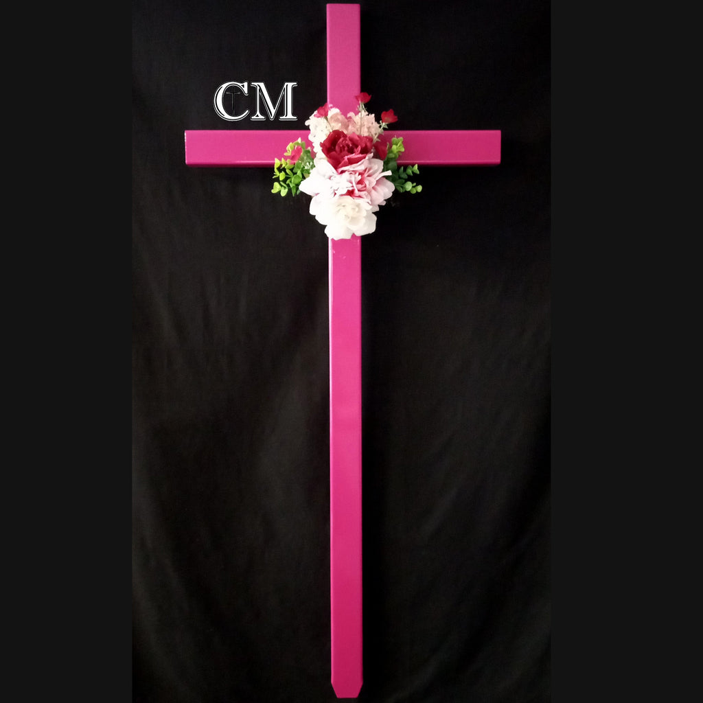 46 inch Steel Pink Roadside Cross with Flowers, Multiple Colors Available, cross 801
