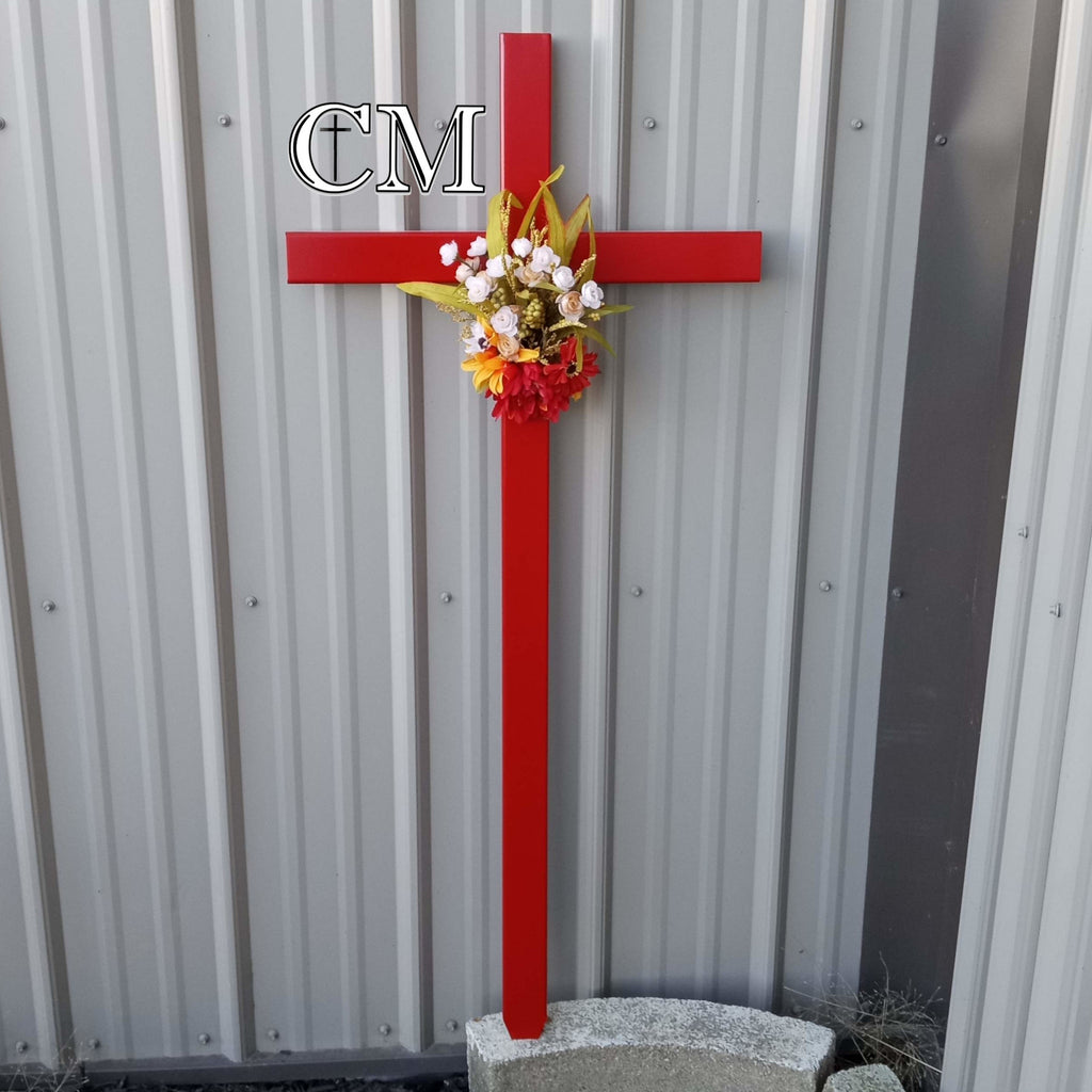 46 inch Steel Red Roadside Cross with Flowers, cross #634
