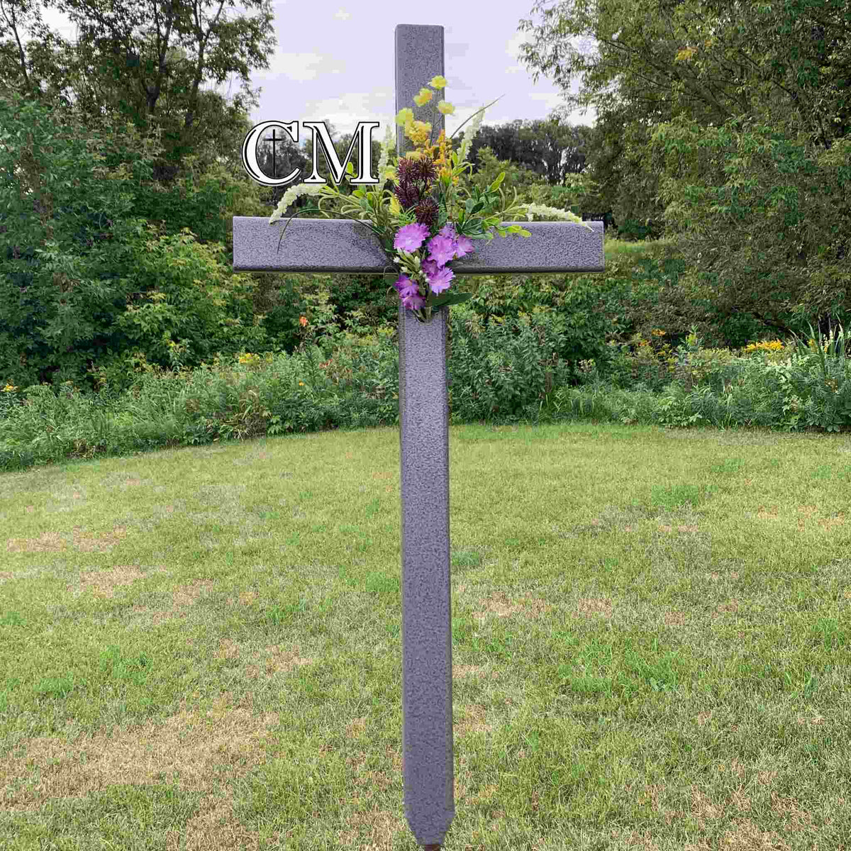 30 Inch STEEL Silver Memorial Cross with Flowers - Cemetery & Grave Site Cross #800