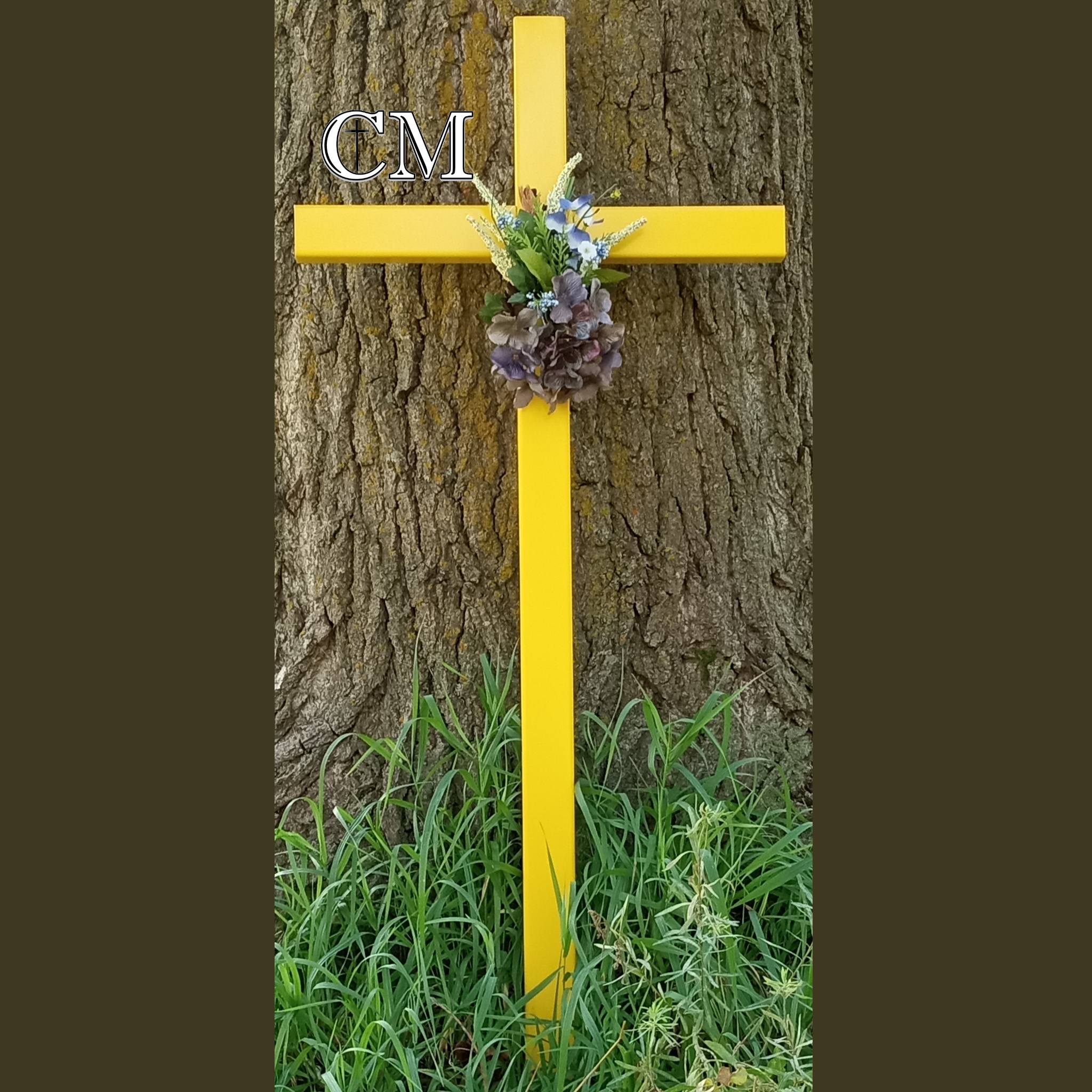 46 inch STEEL Yellow Roadside Cross with Flowers, memorial cross #788